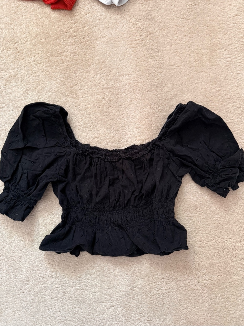 Wet Seal Black Eyelet Puff-Sleeve Smocked Crop Top